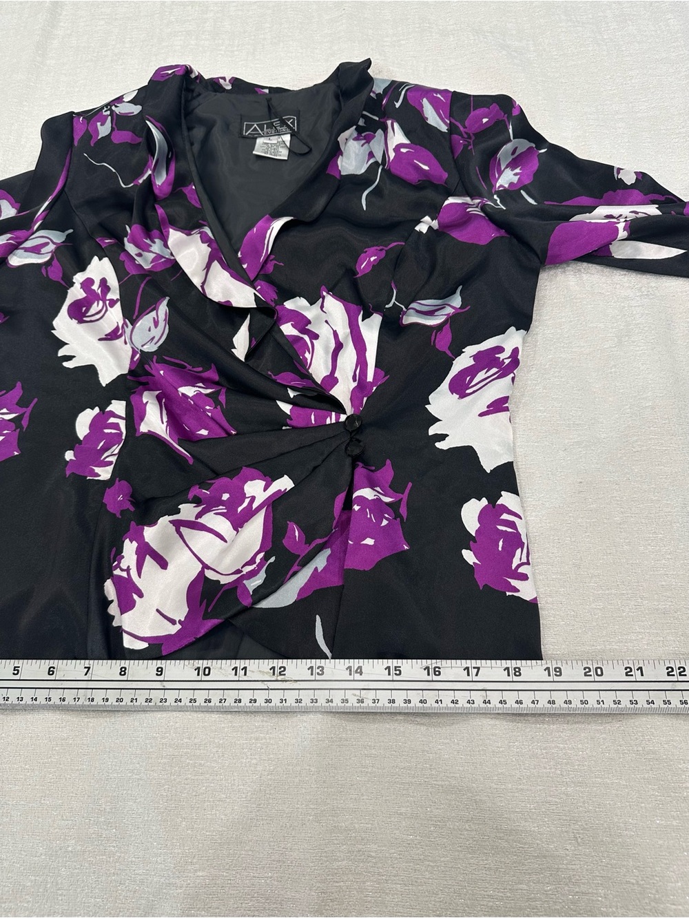 Alex Evenings Floral Satin Faux-Wrap Blouse Jacket Portrait Collar Purple Black - Picture 9 of 15